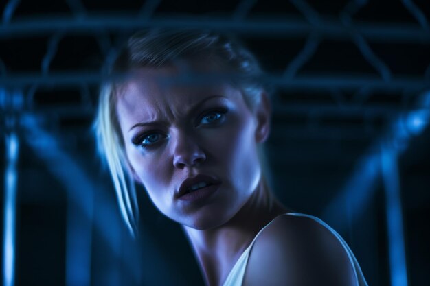 Vector portrait of a young woman in a dark room with blue lighting