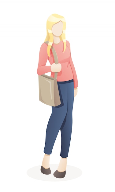 Vector portrait of young woman going shopping with eco bag