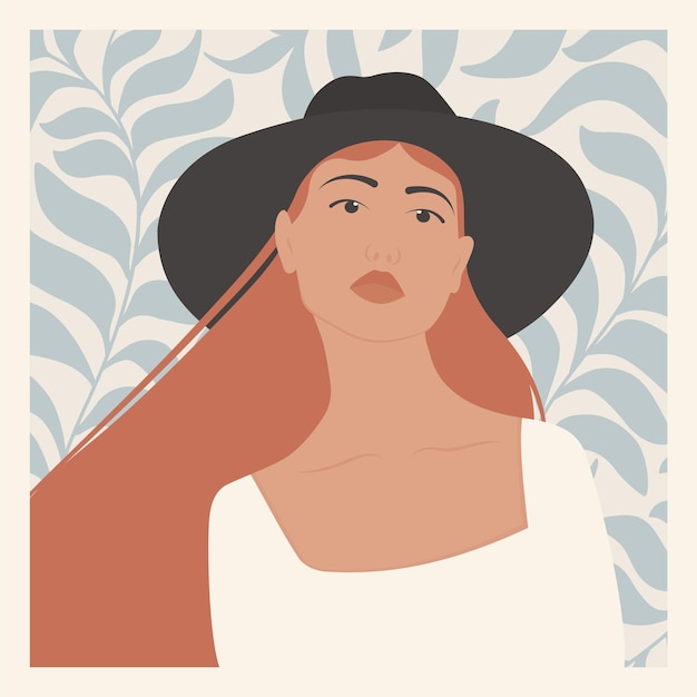 Portrait of young woman in hat aesthetic illustration postcard Minimal art of white woman with tropic leaves Wall decor with fashion lady contemporary artistic poster