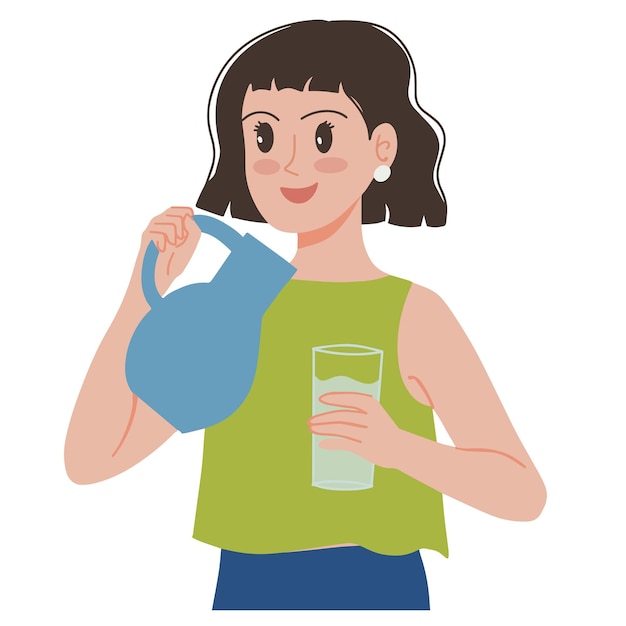 Vector portrait of young woman pouring water into a glass illustrationportrait of young woman pouring water into a glass illustration