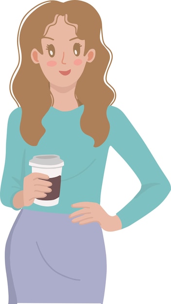 Портрет молодой женщины, стоящей и держащей иллюстрацию кофейной чашки