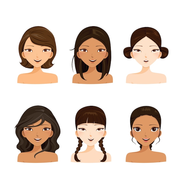 Vector portrait of young women faces with various hairstyles and skin