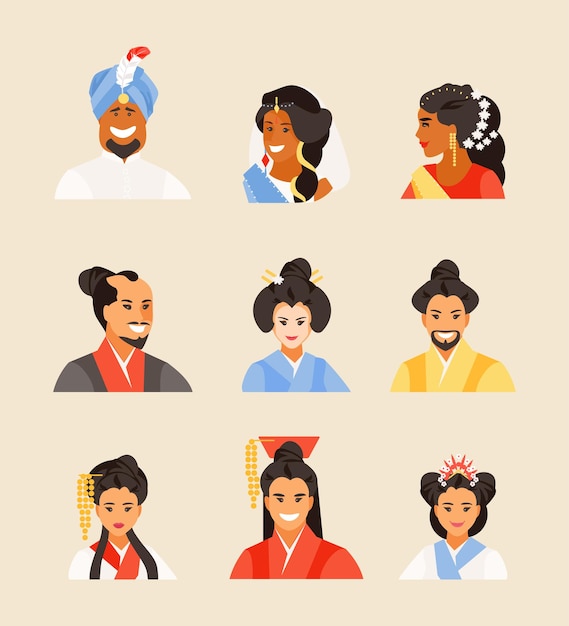 Portraits of ancient chinese, japanese, hindu set. appearance and hairstyles of the ancient world. vector illustration