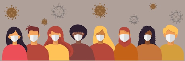 I ritratti di diverse nazionalità hanno diverse tonalità della pelle e colori dei capelli tutti indossano una maschera medica per prevenire l'infezione da coronavirus vettore di design piatto