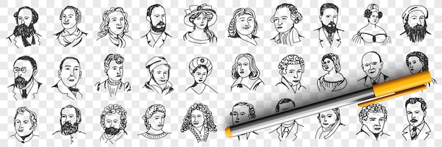 Vector portraits of middles ages people doodle set illustration