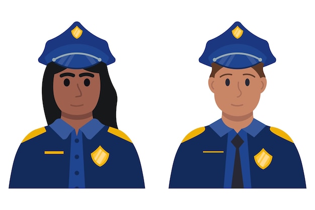 Ritratti di partner di polizia donna e uomo in illustrazione vettoriale uniforme in stile piatto