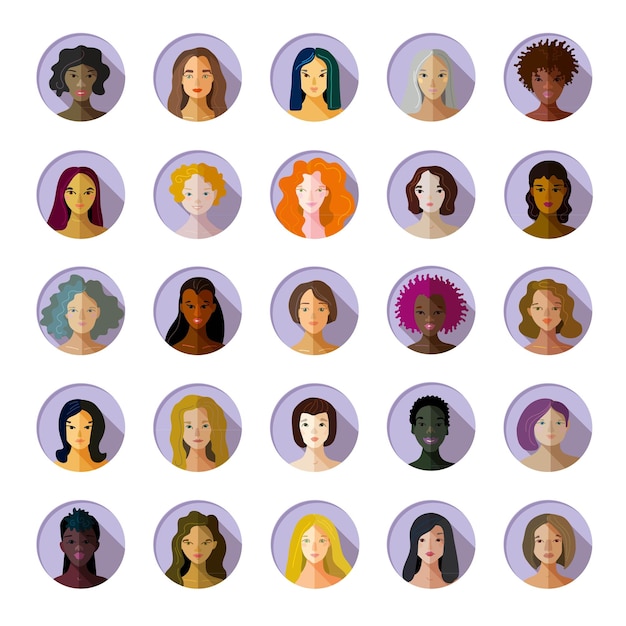 Portraits of women in the form of avatars of varied nationality skin and hair color set