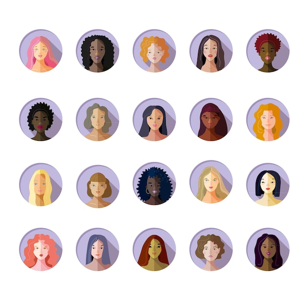 Portraits of women in the form of avatars of varied nationality skin and hair color set