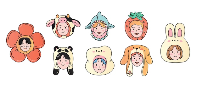 Portraits of young people in funny hats cartoon vector illustration on a white background