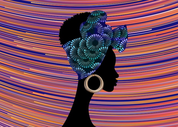 Portret Afrikaanse vrouw draagt bandana voor krullende kapsels. Shenbolen Ankara Hoofddoek Dames. afro