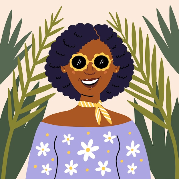 Portret Afro-vrouw met zwart haar op een tropische bladachtergrond