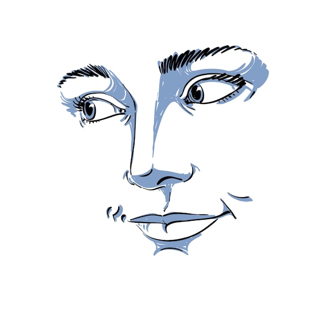 Portret van delicate knappe dromerige nog steeds vrouw, zwart-witprinter vector tekening. Idee afbeelding van emotionele uitdrukkingen, gezichtskenmerken.