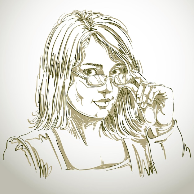 Portret van delicate knappe zakenvrouw met bril, zwart-witprinter vector tekening. Emotionele uitdrukkingen idee afbeelding. Schitterende dame met gezichtskenmerken die nieuwsgierigheid uitdrukken.