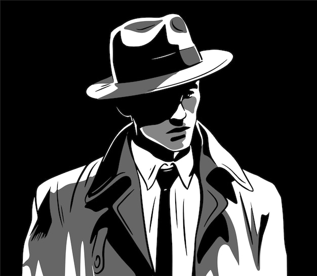 Vector portret van een detective in een retro hoed.