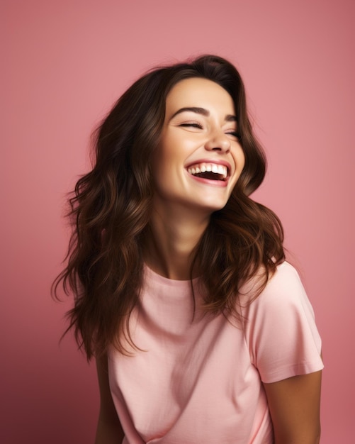 Vector portret van een gelukkige vrouw die lacht op een roze achtergrond
