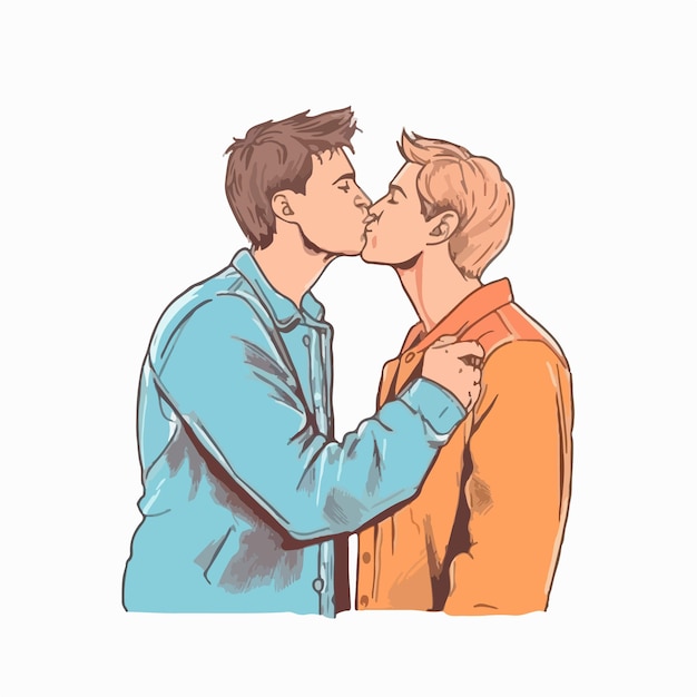 Vector portret van een homopaar dat liefdevol en gelukkig is twee homojongens die pride community-concept kussen
