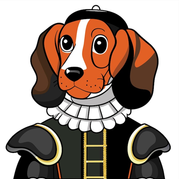 Vector portret van een hond die een historisch militair uniform draagt met de hand getekend platte stijlvolle cartoon sticker