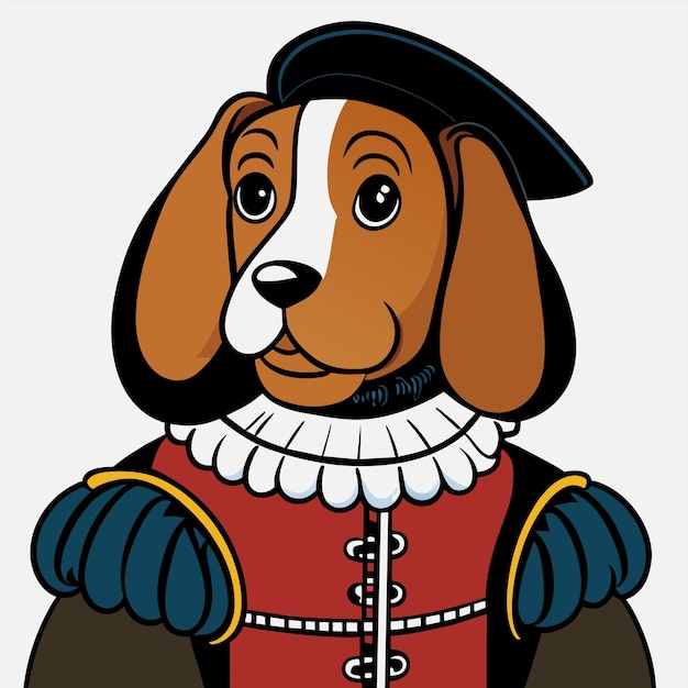 Vector portret van een hond die een historisch militair uniform draagt met de hand getekend platte stijlvolle cartoon sticker