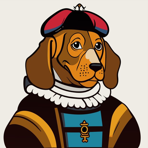 Vector portret van een hond die een historisch militair uniform draagt met de hand getekend platte stijlvolle cartoon sticker