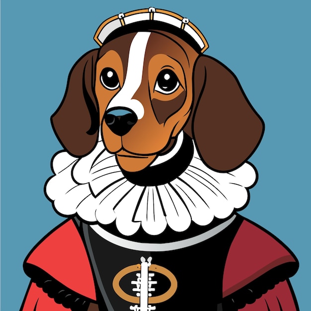 Vector portret van een hond die een historisch militair uniform draagt met de hand getekend platte stijlvolle cartoon sticker