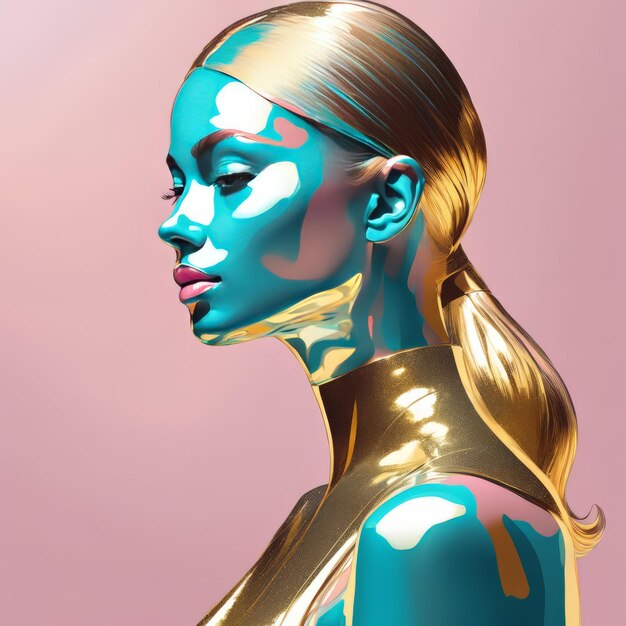 Vector portret van een jong mooi meisje met blauwe make-up en gouden lippen op een roze achtergrond portret