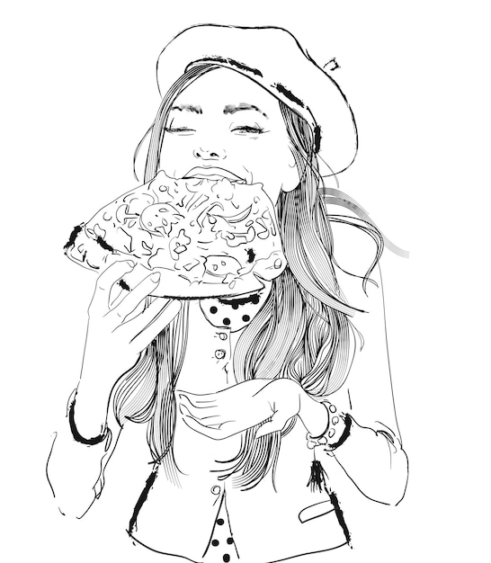 Portret van een jong vrouwenportret met pizza