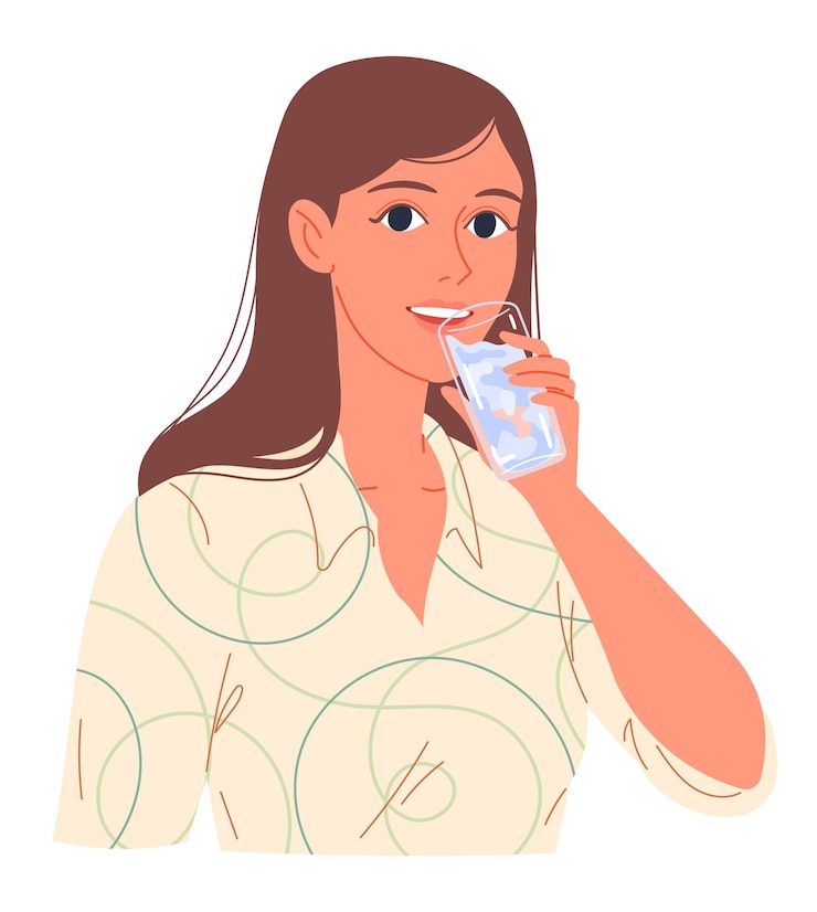 Vector portret van een jonge vrouw die water uit een glas drinkt.