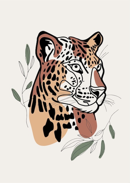 Vector portret van een luipaardhoofd met bladeren illustratie premium vector