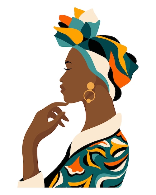 Portret van een mooie Afrikaanse vrouw in een traditionele nationale tulband. Illustratie, vector