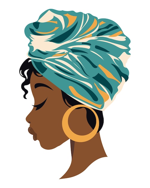 Portret van een mooie Afrikaanse vrouw in een traditionele nationale tulband. Illustratie, vector