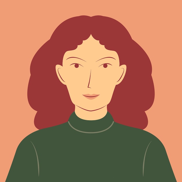 Portret van een mooie vrouw met borstelig haar in platte cartoon afbeelding. jonge vrouw gezicht avatar