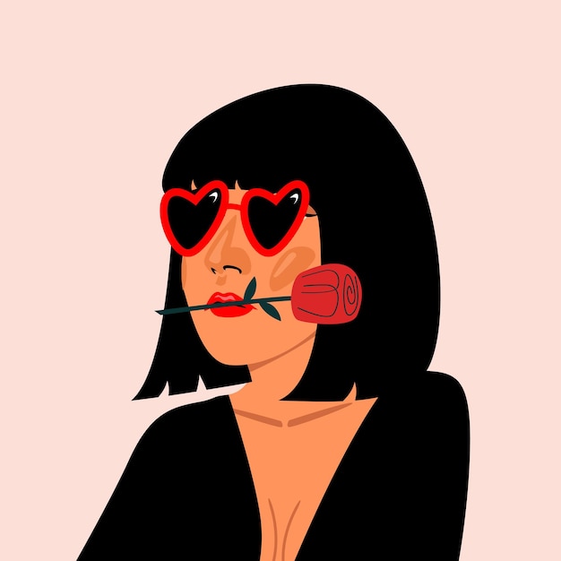 Portret van een mooie vrouw met een bloem in haar mond avatar voor sociale netwerken vector illustratie in platte stijl