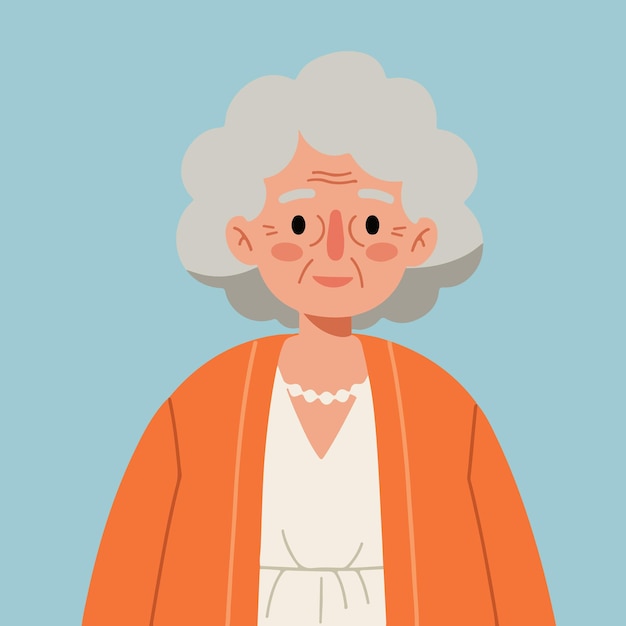 Portret van een oudere vrouw met grijs haar en een oranje cardigan