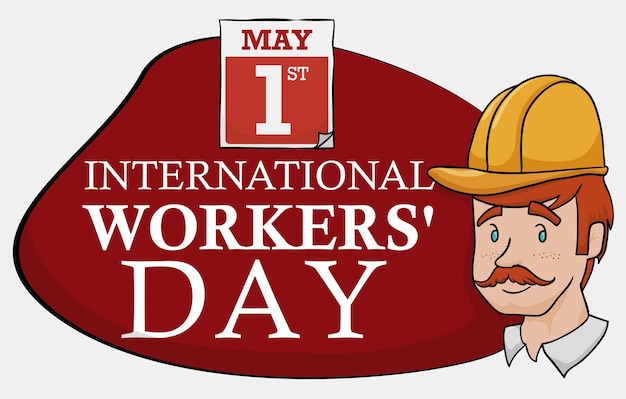 Portret van een werknemer met datum en herinnering aan het teken van de Dag van de Arbeider in cartoon-stijl