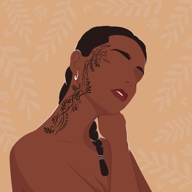 Portret van een zwarte vrouw met een tatoeage op haar gezicht Moderne mode-illustratie