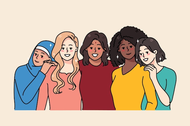 Portret van gelukkig diverse multi-etnische vriendinnen knuffel show eenheid en zorg Glimlachende multiculturele vrouwen vrienden demonstreren diversiteit internationale vriendschap en gelijkheid vectorillustratie