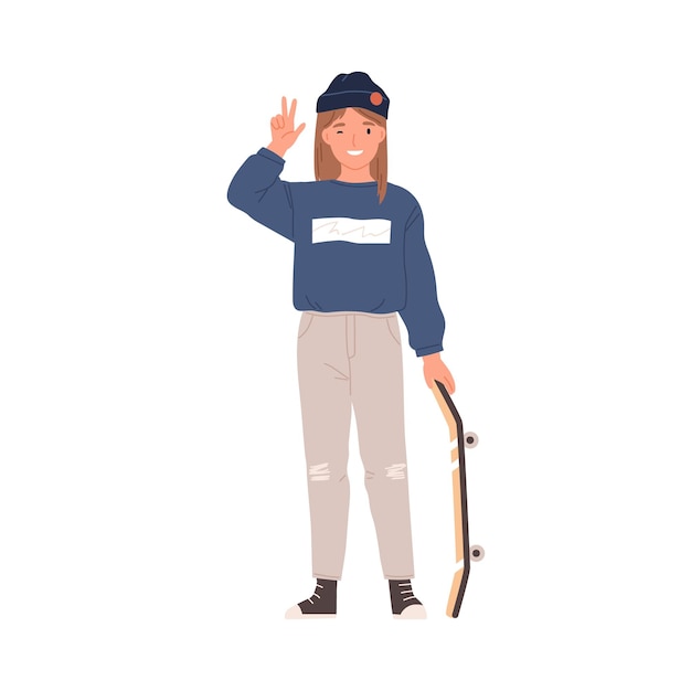 Portret van gelukkig tienermeisje dat zich met skateboard bevindt. leuke tiener knipogend en vredesteken tonen. glimlachende vrouwelijke schaatser. gekleurde platte vectorillustratie geïsoleerd op een witte achtergrond.