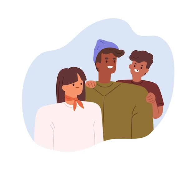 Portret van gelukkige multiraciale familie met aziatische moeder, afrikaanse vader en zoon. gemengd ras ouders met kind. biraciale moeder en vader met kind. platte vectorillustratie geïsoleerd op een witte achtergrond.