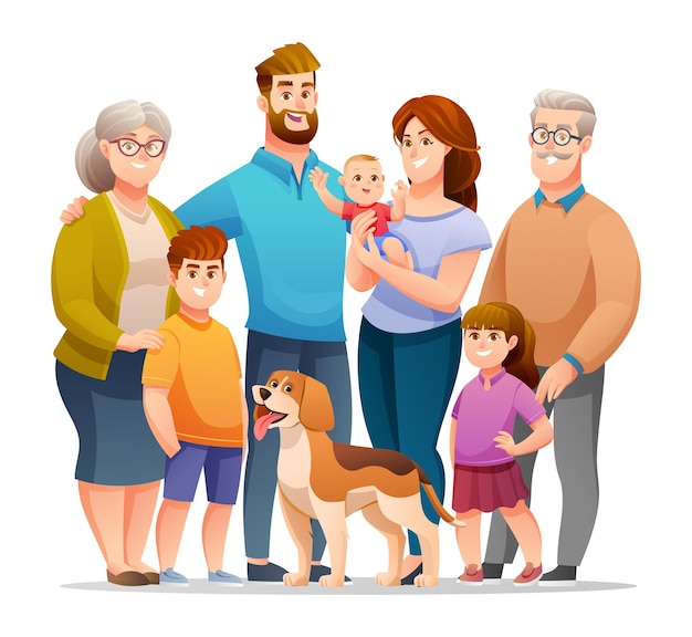 Portret van grote gelukkige familie karakter illustratie in cartoon-stijl