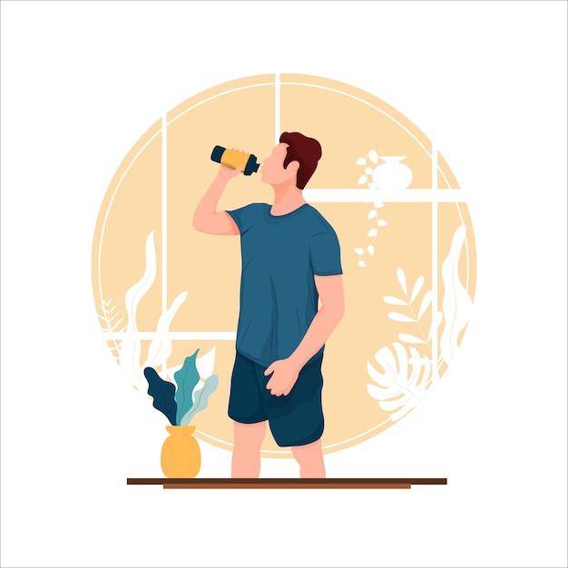 Portret van jongen drinken opstaan platte ontwerp concept vectorillustratie