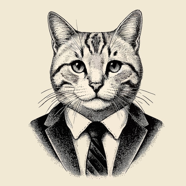 Portret van kat in pak met de hand getekende illustratie Vector