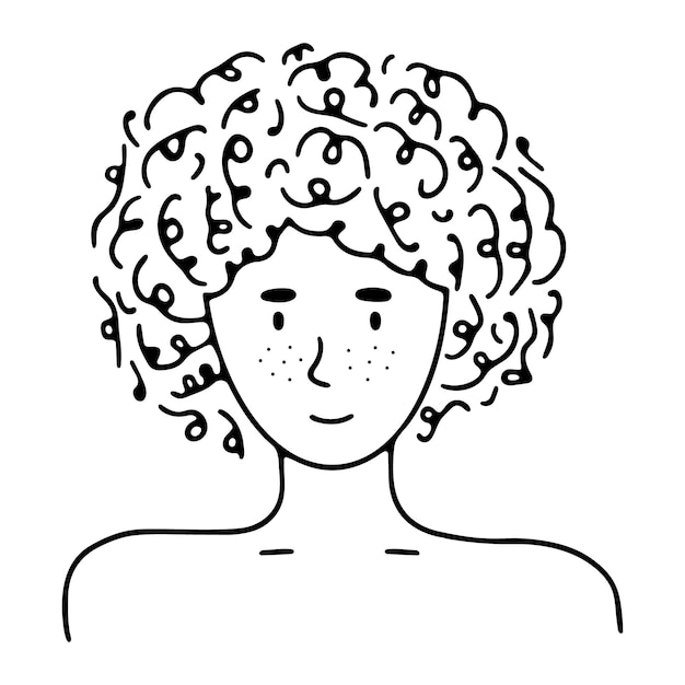 Portret van krabbeljongere met krullend haar. Man of vrouw, jongen of meisje. Trendy getekend handpictogram