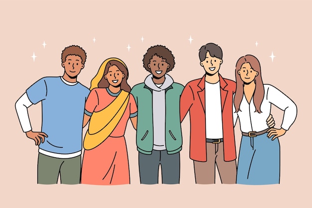 Portret van multiculturele jongeren staan samen poseren samen knuffelen tonen internationale vriendschap en eenheid glimlachend diverse multi-etnische vrienden genieten van tijd samen diversiteit vector illustratie