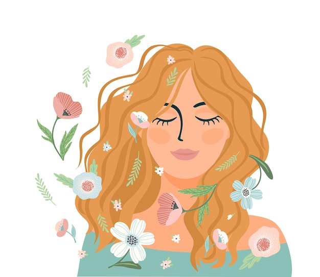 Portret van schattig meisje met bloemen Zelfzorg zelfliefde harmonie Geïsoleerde illustratie