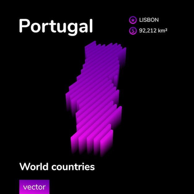 Portugal 3D map Stylized neon digital isometric striped vector Map in violet and pink colors