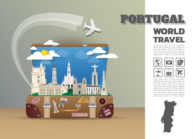 Portugal dubai landmark global travel and journey infographic-bagage. ontwerpsjabloon / illustratie