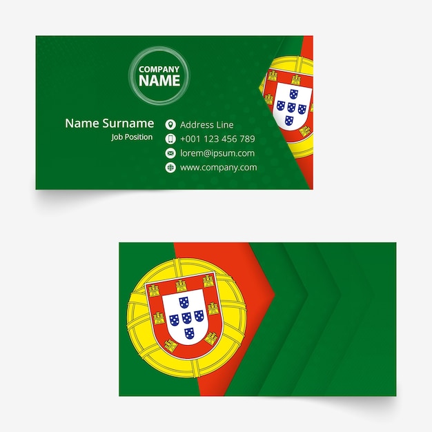 ポルトガル国旗名刺、標準サイズ（90x50 mm）の名刺テンプレート。クリッピングマスクの下にブリードがあります。