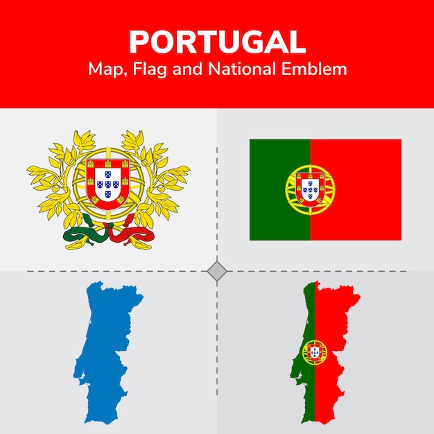 Portugal map, flag and national emblem