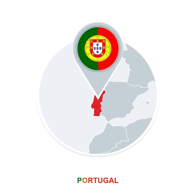 Portugal map and flag vector map icon with highlighted Portugal