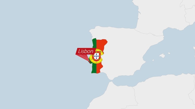 Portugal map highlighted in Portugal flag colors and pin of country capital Lisbon